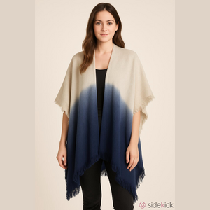 Francesca's Poncho Shawl Women's One Size Cream and Blue Dip Dye Raw Hem